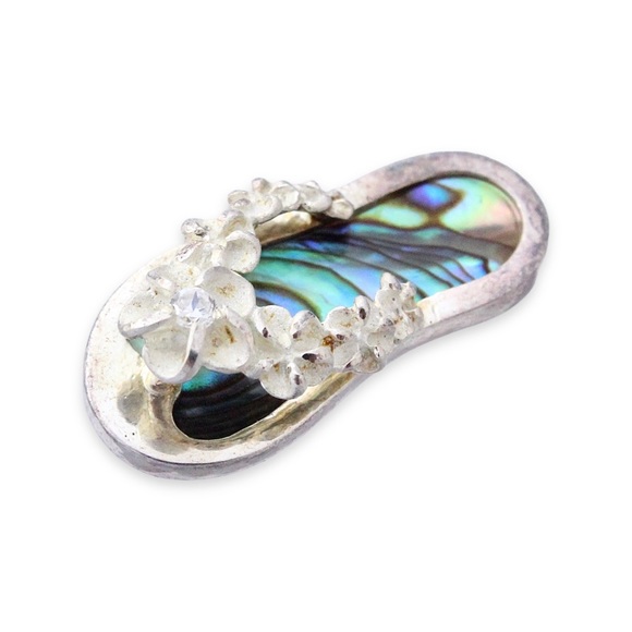 Vintage Sterling Silver Abalone Shell Flip Flop Sandal Pendant Hawaiian Plumeria - Picture 2 of 4